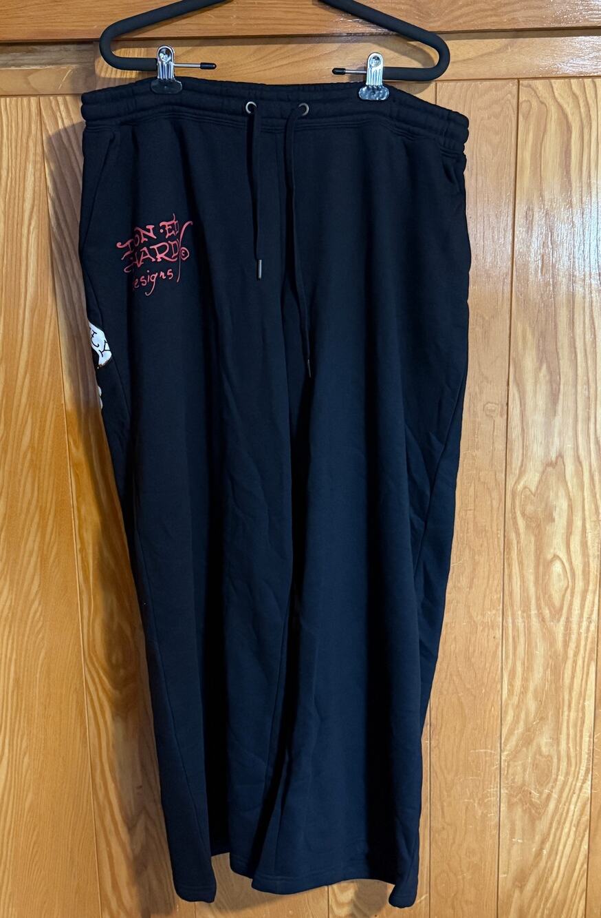 Ed Hardy Black Skull & Gold Logo Wide Leg Sweatpants Sz 2X